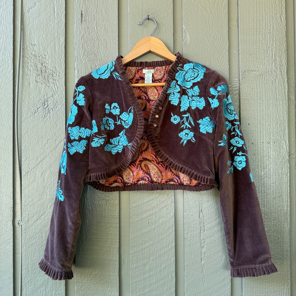 Odille Brown Velvet Cropped Jacket with Turquoise Floral Embroidery